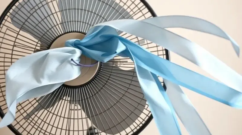 Fitas de seda azul e branca presas à grade de um ventilador, esticadas horizontalmente pela força do vento, ilustrando a potência do aparelho.