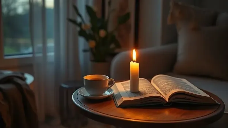 Cena de bem-estar com uma vela aromática acesa ao lado de uma xícara de chá e um livro, criando uma atmosfera de relaxamento e tranquilidade.