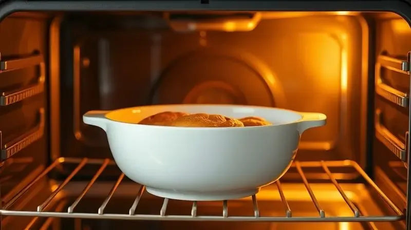 Bowl de porcelana com um prato assado dentro do forno, ilustrando que certos tipos de tigelas de porcelana são seguras para uso em altas temperaturas.