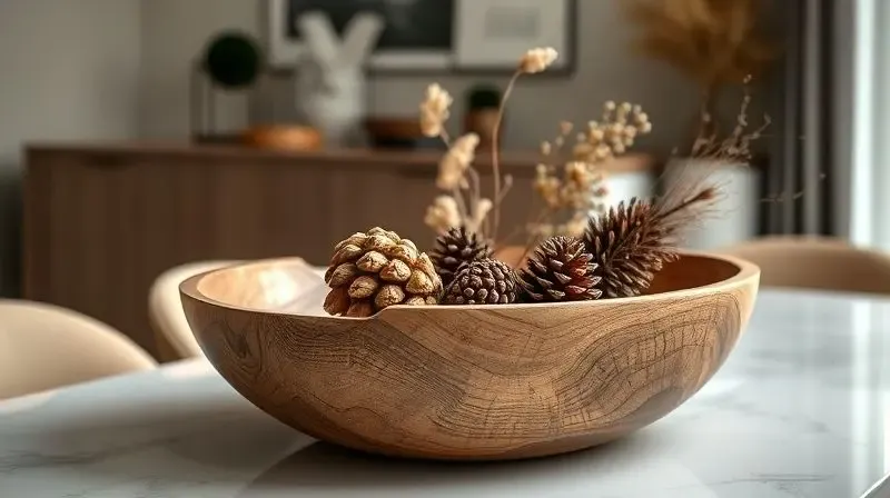 Um bowl de madeira serve como peça de decoração em uma mesa, mostrando a versatilidade das tigelas além do uso culinário.