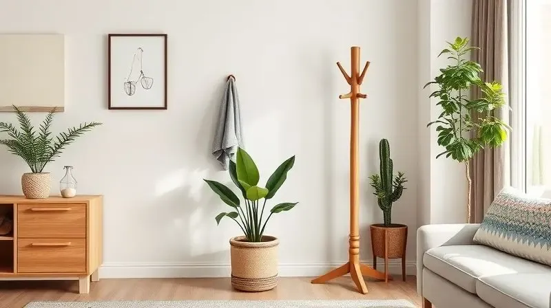 Cabideiro de madeira em harmonia com a decoração de uma sala de estar, mostrando como escolher o material e estilo corretos.