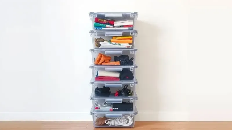 Uma pilha de caixas organizadoras transparentes e empilháveis, otimizando o espaço vertical contra uma parede branca.