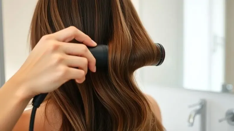 Mulher de costas, com cabelos castanhos longos, usando uma escova rotativa para modelar uma mecha de cabelo em um banheiro moderno.
