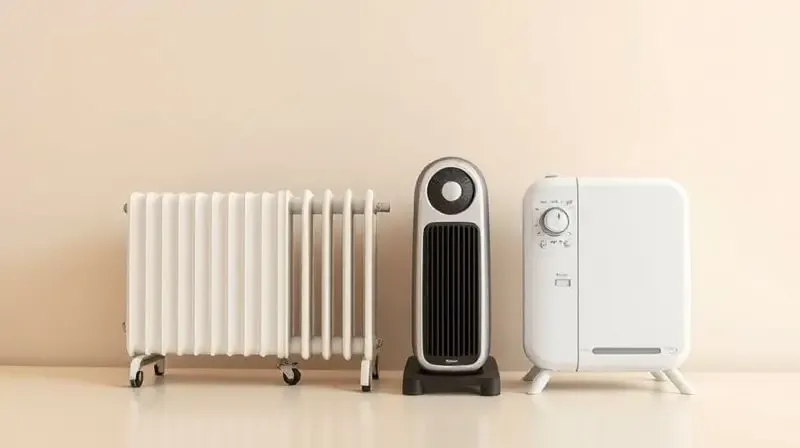 Comparativo visual de quatro tipos de aquecedores de ambiente em um fundo neutro: cerâmico, a óleo, termoventilador e quartzo.