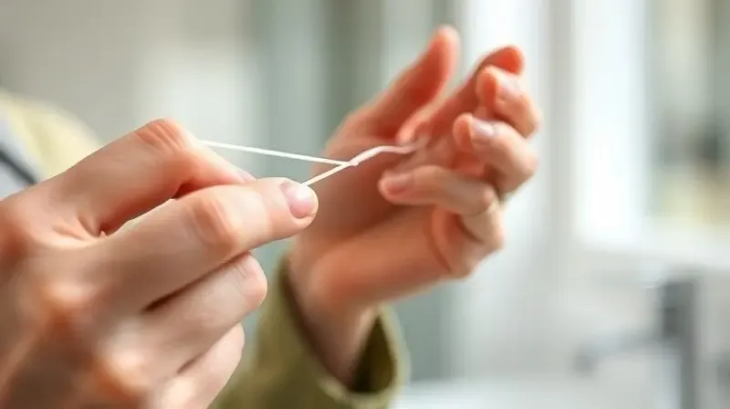 Close-up artistic shot of a person's hands skillfully wrapping pearly white dental floss around their fingers, with a bright,