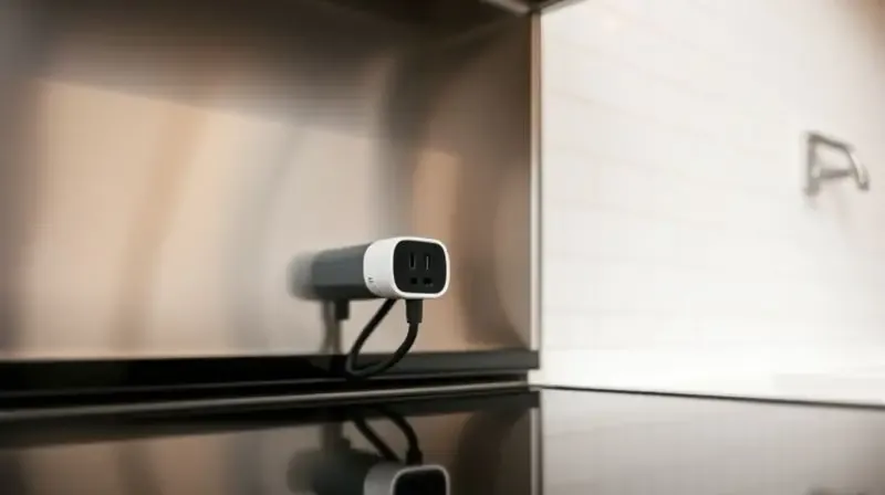 Close-up, detailed photograph focusing on the electrical plug and socket behind a modern stove, with the sleek, stainless ste