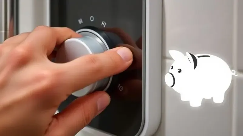 Mão ajustando o controle de temperatura de um chuveiro elétrico, com um ícone de cofrinho ao lado, simbolizando a economia de energia no banho.