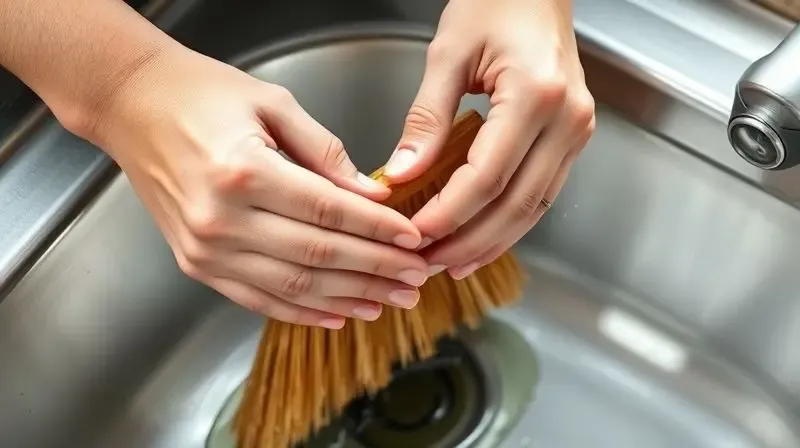 Mãos limpando com cuidado as cerdas de uma vassoura, ilustrando a forma correta de cuidar e preservar a ferramenta.