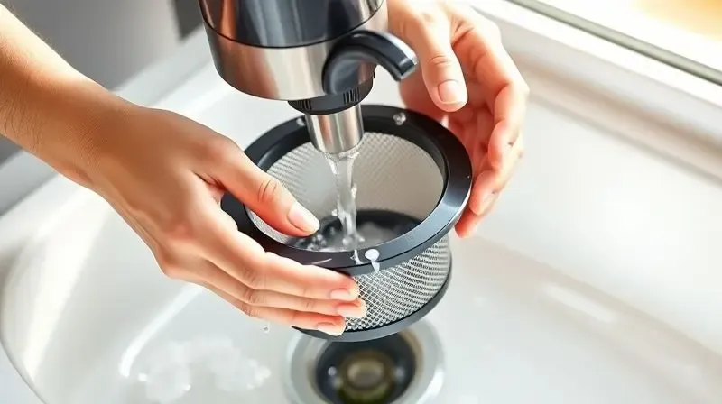 Mãos lavando o filtro de uma centrífuga com água corrente em uma pia, demonstrando a facilidade de limpeza do eletrodoméstico.