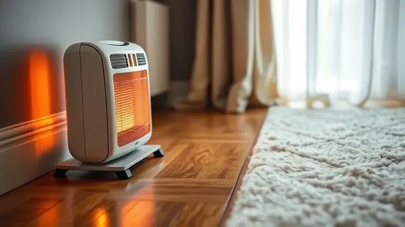 Aquecedor elétrico posicionado de forma segura em um piso de madeira, a uma distância segura de cortinas e tapetes.