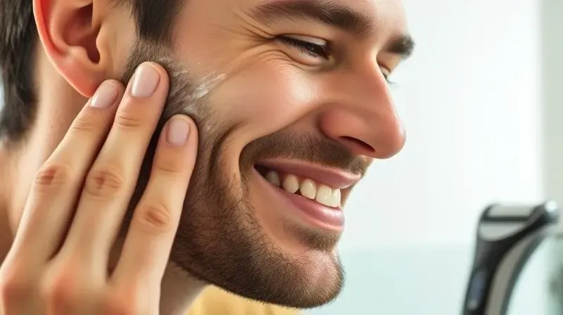 Close-up, soft focus photograph of a man with sensitive skin smiling lightly while touching his perfectly smooth, irritation-