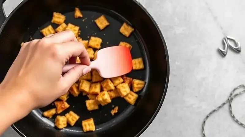 Mão usando uma espátula de silicone para mexer alimentos em uma frigideira antiaderente, demonstrando o cuidado para não arranhar.