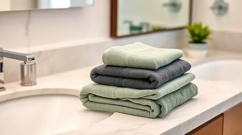 Banheiro moderno e bem decorado com toalhas de rosto nas cores cinza e verde-sálvia combinando com a bancada de mármore e a decoração.