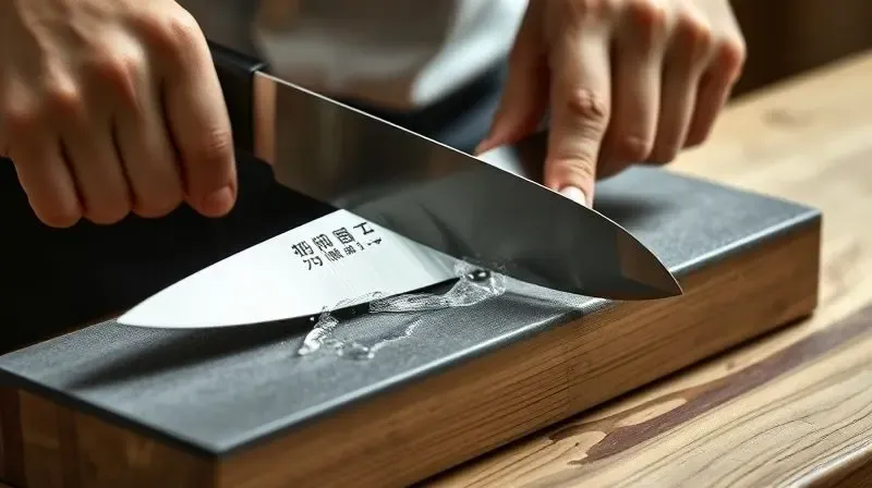 Mãos de um chef amolando uma faca de sushi em uma pedra de amolar japonesa com água, demonstrando a técnica correta.
