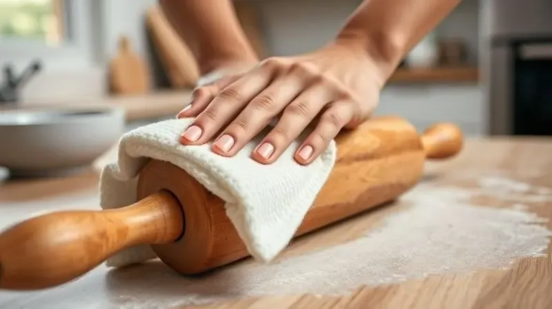 Pessoa limpando cuidadosamente um rolo de massa de madeira com um pano úmido, em uma cozinha organizada, ilustrando o cuidado com o utensílio.