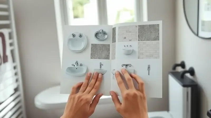 Pessoa planejando a escolha de uma cuba para banheiro pequeno, com um mood board contendo amostras de materiais e estilos.