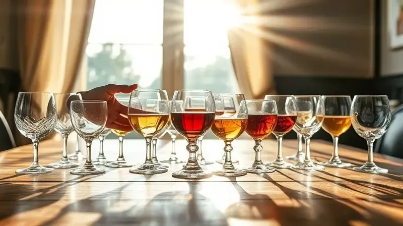 Mãos de uma pessoa organizando diversos tipos de copos de vidro e cristal sobre uma mesa de madeira iluminada pelo sol.