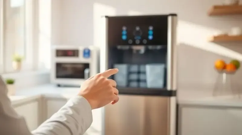 Pessoa analisando os recursos de uma máquina de gelo moderna em uma bancada de cozinha, em processo de escolha do melhor modelo.