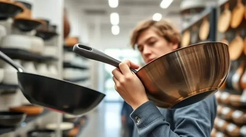 Pessoa em uma loja de utensílios de cozinha analisando e comparando dois modelos diferentes de panelas wok para fazer a melhor escolha.