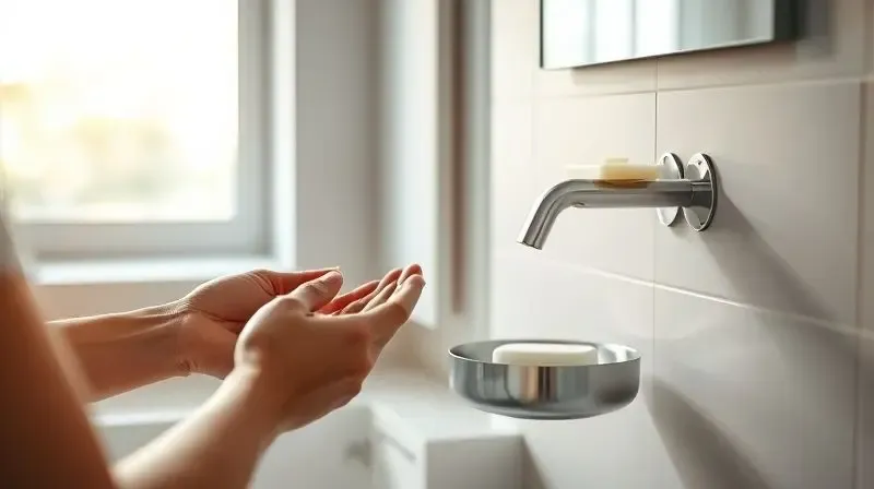 Mãos de uma pessoa escolhendo entre uma saboneteira de cerâmica para bancada e uma de inox para parede, em um banheiro bem decorado.
