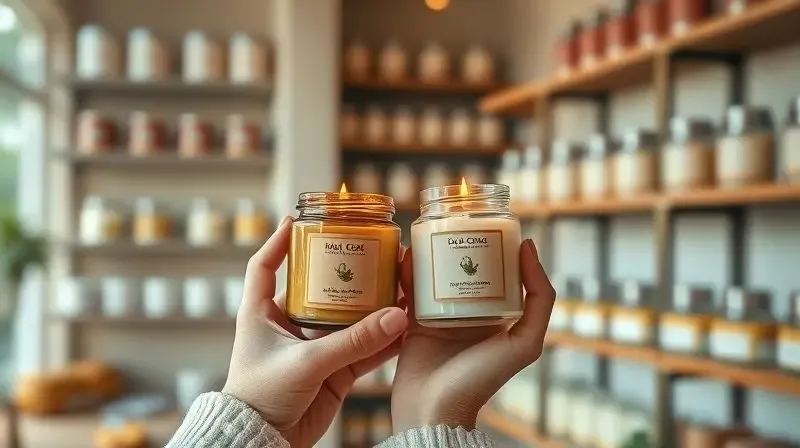 Pessoa escolhendo entre duas velas aromáticas artesanais em uma loja, com foco nas mãos segurando os potes com delicadeza para sentir o aroma.