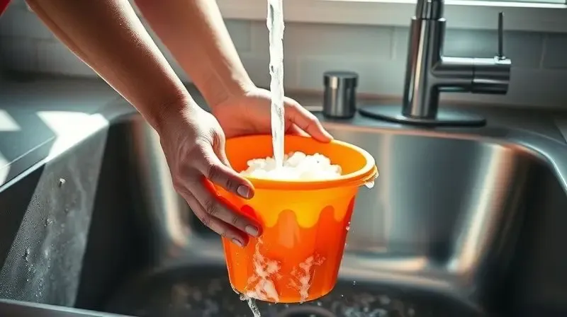 Mãos lavando cuidadosamente um balde de pipoca em uma pia de cozinha com água e sabão para demonstrar a limpeza e conservação.