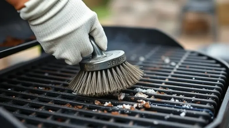 Mãos com luvas de proteção usando uma escova de aço para limpar vigorosamente uma grelha de churrasco suja após o uso.