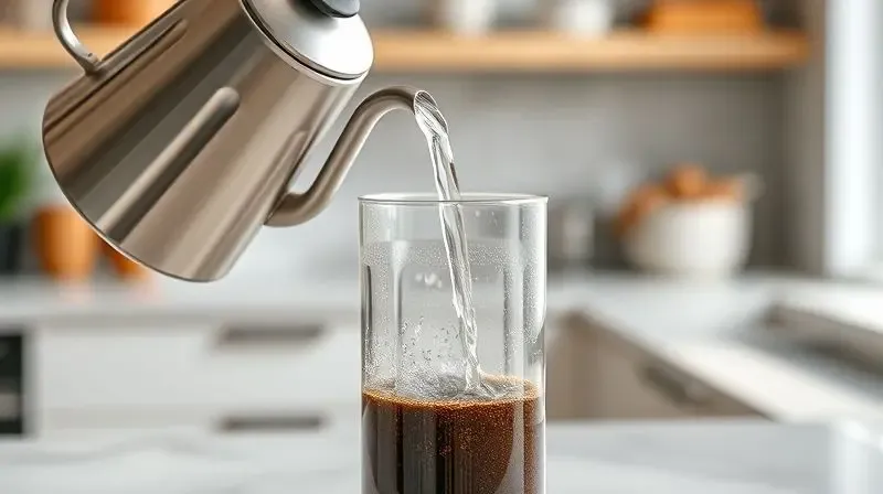 Água quente sendo despejada de uma chaleira em uma prensa francesa com pó de café, demonstrando o método de preparo.