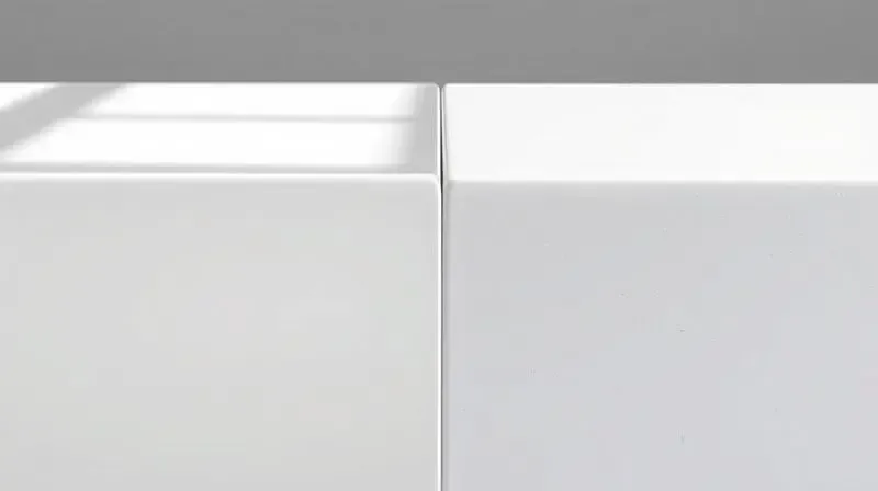Comparativo de textura e brilho entre o acabamento em acrílico liso e o acabamento em gel coat de uma banheira, materiais lado a lado.
