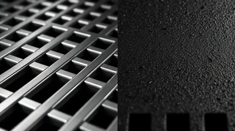 Imagem dividida mostrando em close a textura de uma grelha de aço inox de um lado e uma de ferro fundido do outro, comparando os materiais.