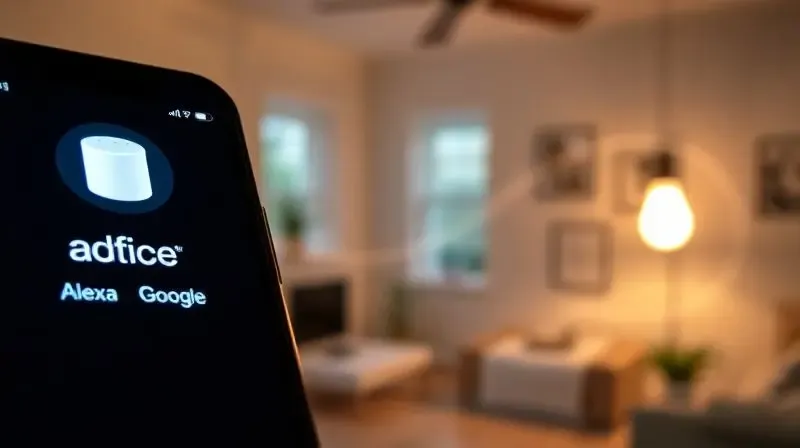 Smartphone exibindo ícones da Alexa e Google Assistente, com feixes de luz conectando-o a uma lâmpada inteligente no ambiente.