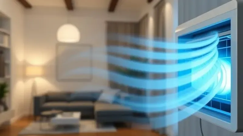 Ilustração conceitual do fluxo de ar suave de um ar-condicionado inverter, mantendo a temperatura do ambiente estável e confortável.
