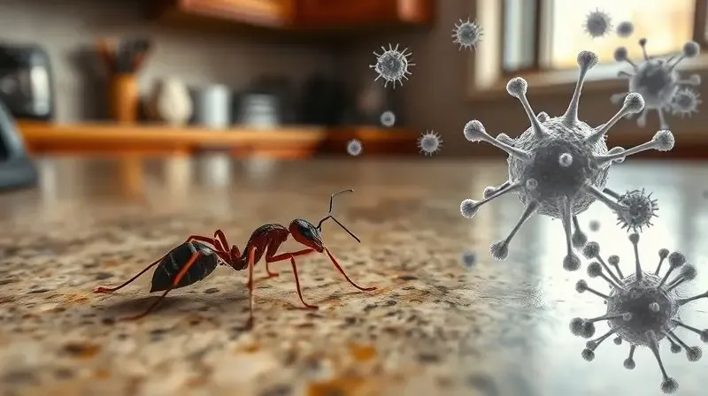 Conceptual photo illustrating the transmission of diseases by ants, with a macro shot of an ant on a kitchen counter and a st