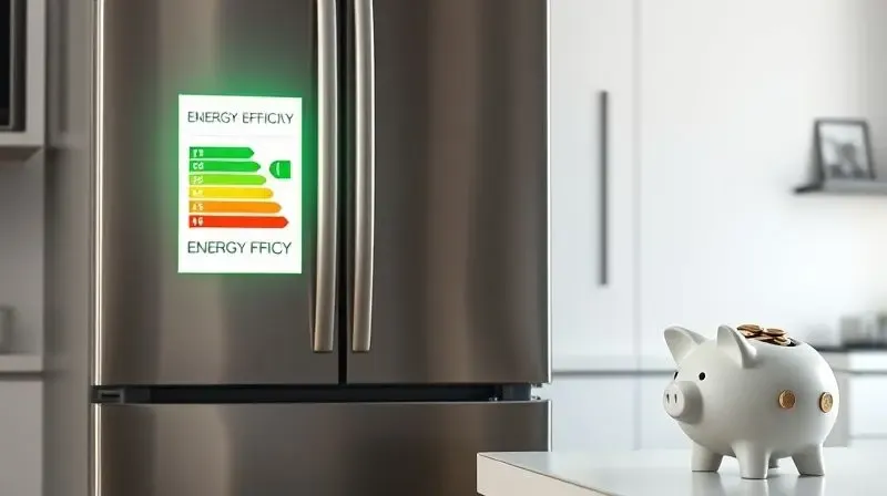 Conceptual photorealistic image of a modern stainless steel refrigerator with a glowing green energy efficiency label on the 
