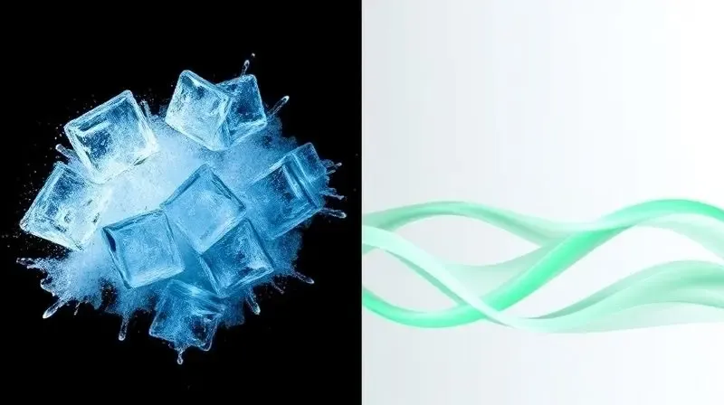 Imagem conceitual dividida, mostrando o contraste entre a refrigeração por compressor, com gelo, e por placa eletrônica, com ondas suaves de energia.