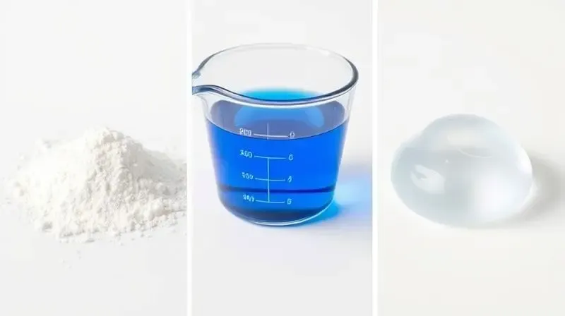Comparativo visual das três consistências de alvejante: em pó, líquido sendo despejado em um copo medidor e uma gota de gel espesso.