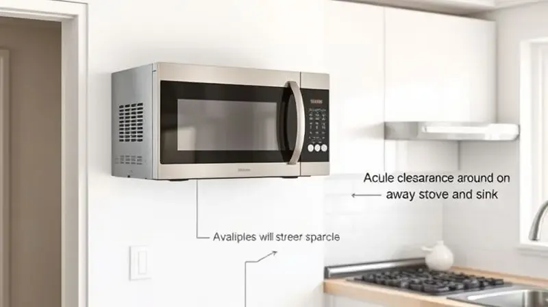 Micro-ondas instalado de forma segura em um suporte de parede, com ventilação adequada e longe de fontes de calor ou umidade, demonstrando o local ideal.