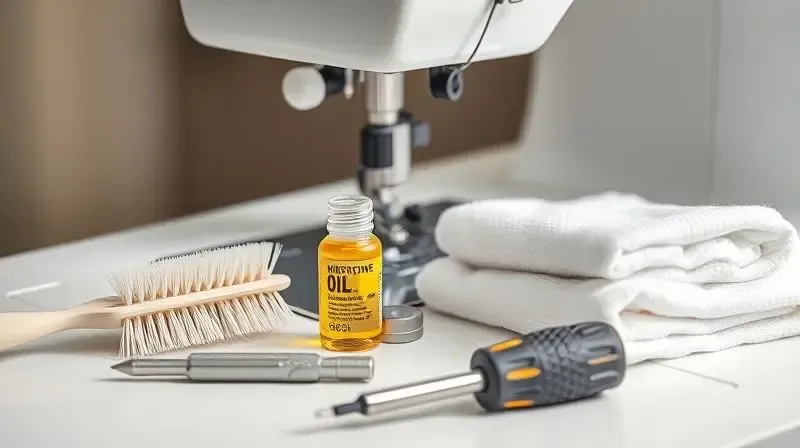 Kit de manutenção para máquina de bordar, com óleo, pincel de limpeza e pano, simbolizando os cuidados necessários com o equipamento para garantir sua longevidade.