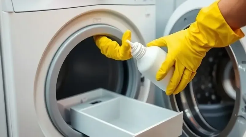 Pessoa usando luvas de borracha amarelas despeja cuidadosamente alvejante no compartimento de uma máquina de lavar, demonstrando o uso correto do produto.