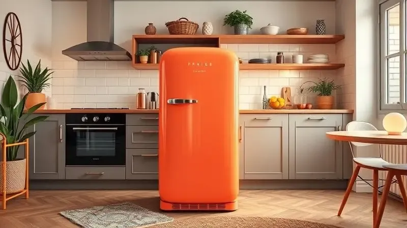 Geladeira pequena com design retrô e cor vibrante se destacando em uma cozinha moderna, combinando com a decoração do ambiente.
