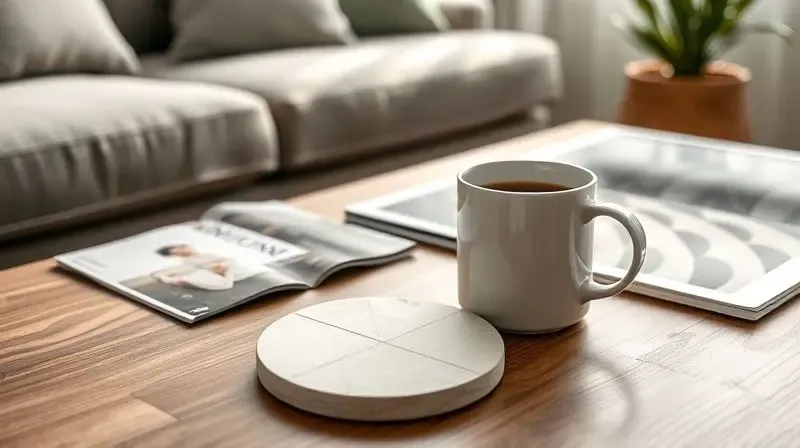 Porta-copos com design geométrico moderno em uma mesa de centro de sala de estar, compondo a decoração com uma xícara de café e uma revista.
