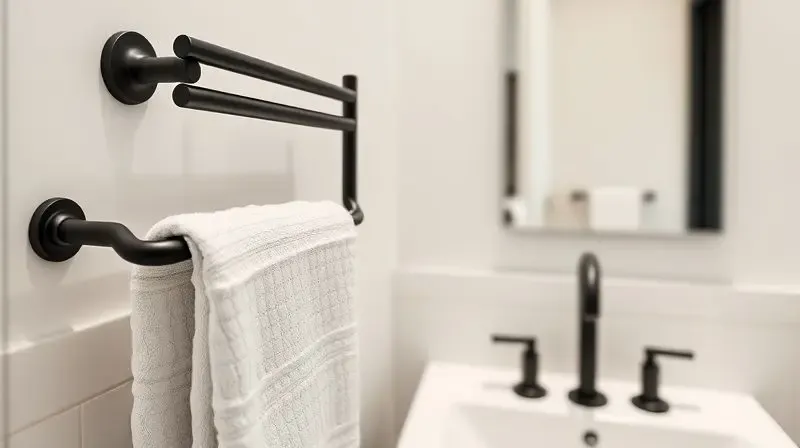 Banheiro moderno e decorado com um toalheiro preto fosco que harmoniza com os metais e o design do ambiente, criando um visual coeso.