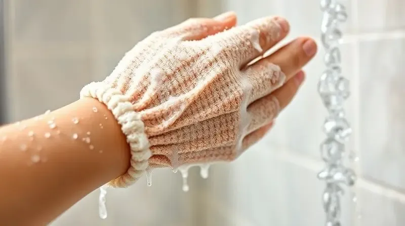 Mão esfolia o braço suavemente com uma luva esfoliante durante o banho, com espuma visível, destacando a textura do produto.