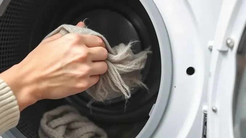 Detailed close-up photorealistic shot of a person's hands carefully removing a thick layer of lint from a clothes dryer's fil