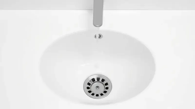 Detalhe de uma cuba de banheiro moderna com um ralo oculto, enfatizando o design limpo e a superfície contínua.