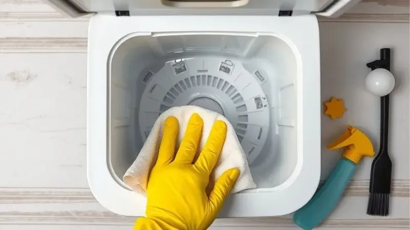 Mãos com luvas realizando a limpeza e manutenção do interior de uma máquina de fazer gelo, com produtos de limpeza ao lado.