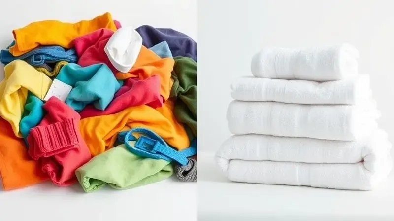 Imagem dividida mostrando roupas coloridas vibrantes de um lado e toalhas brancas puras do outro, ilustrando os diferentes tipos de alvejante.