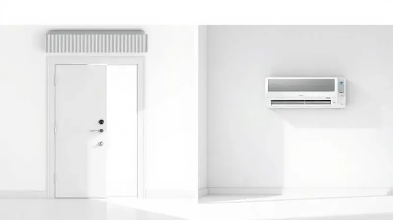 Comparativo visual entre uma cortina de ar em uma porta e uma unidade de ar-condicionado em uma parede, destacando suas funções diferentes.
