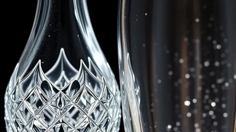 Comparativo em close-up entre um decanter de cristal, que brilha intensamente, e um de vidro, evidenciando a superioridade do cristal em claridade e brilho.