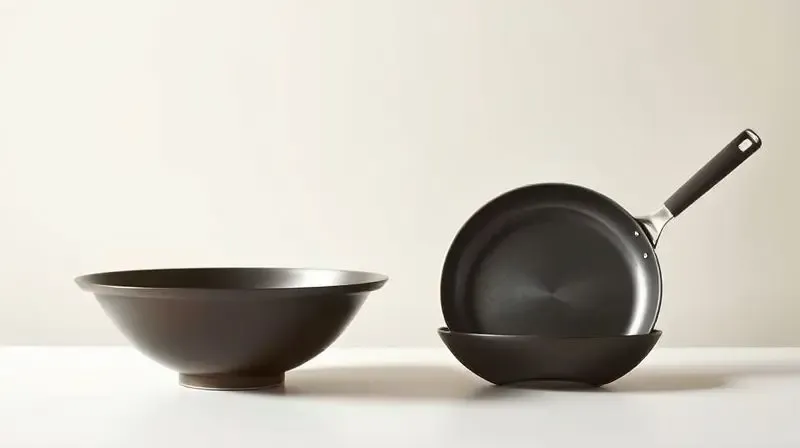 Comparativo visual entre uma panela wok de fundo arredondado e uma frigideira comum de fundo plano, mostrando a diferença de formato.
